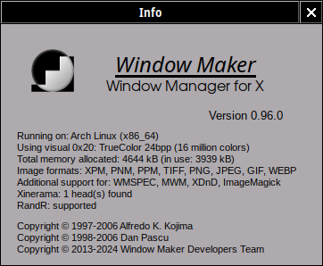 Window Maker 0.96.0 Info Panel on Arch Linux